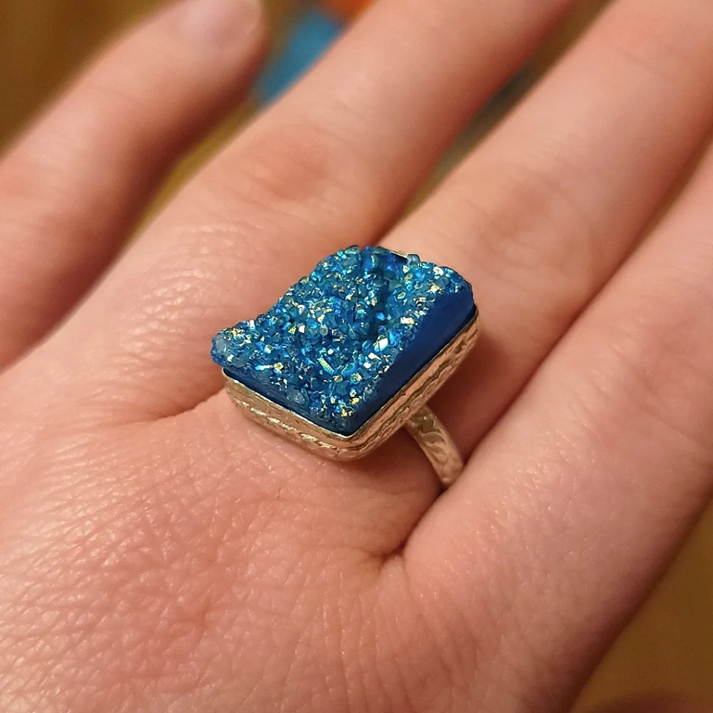 Blue Druzy Crystal Ring Silver Tone Size 11 Handmade 925 ? Signed